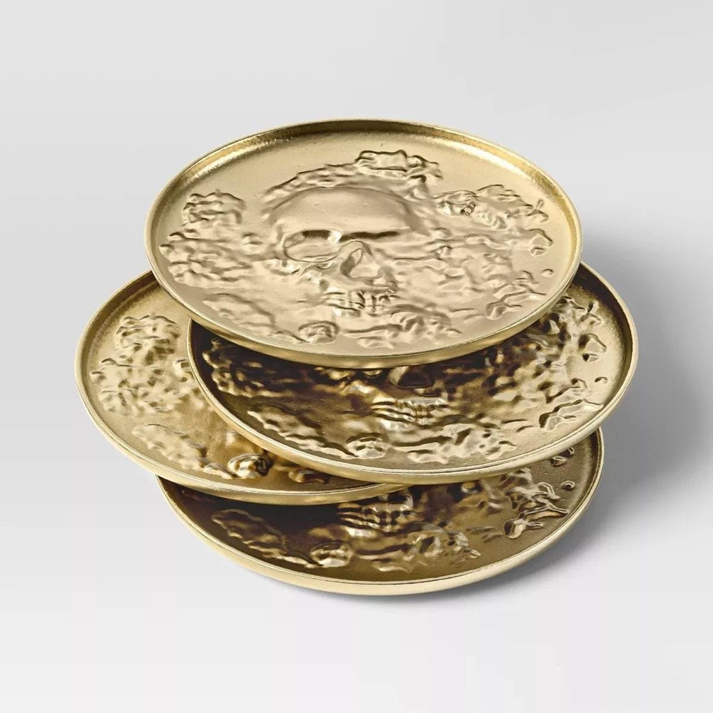 Threshold Gold Skull Metal Coasters 4pk Embossed Round‎ Gothic Halloween NEW